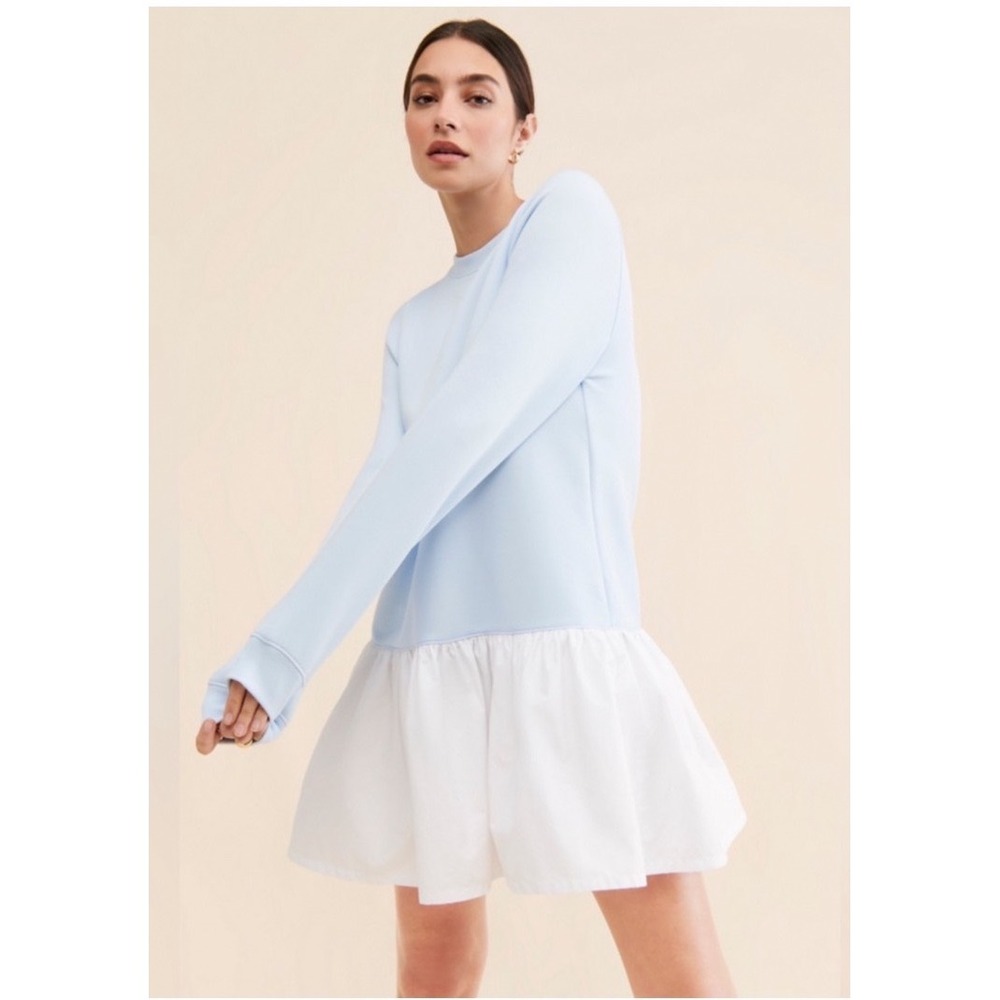 Addison Bay Light Blue Swing Sweatshirt Dress White Poplin Ruffle Hem Mini Small